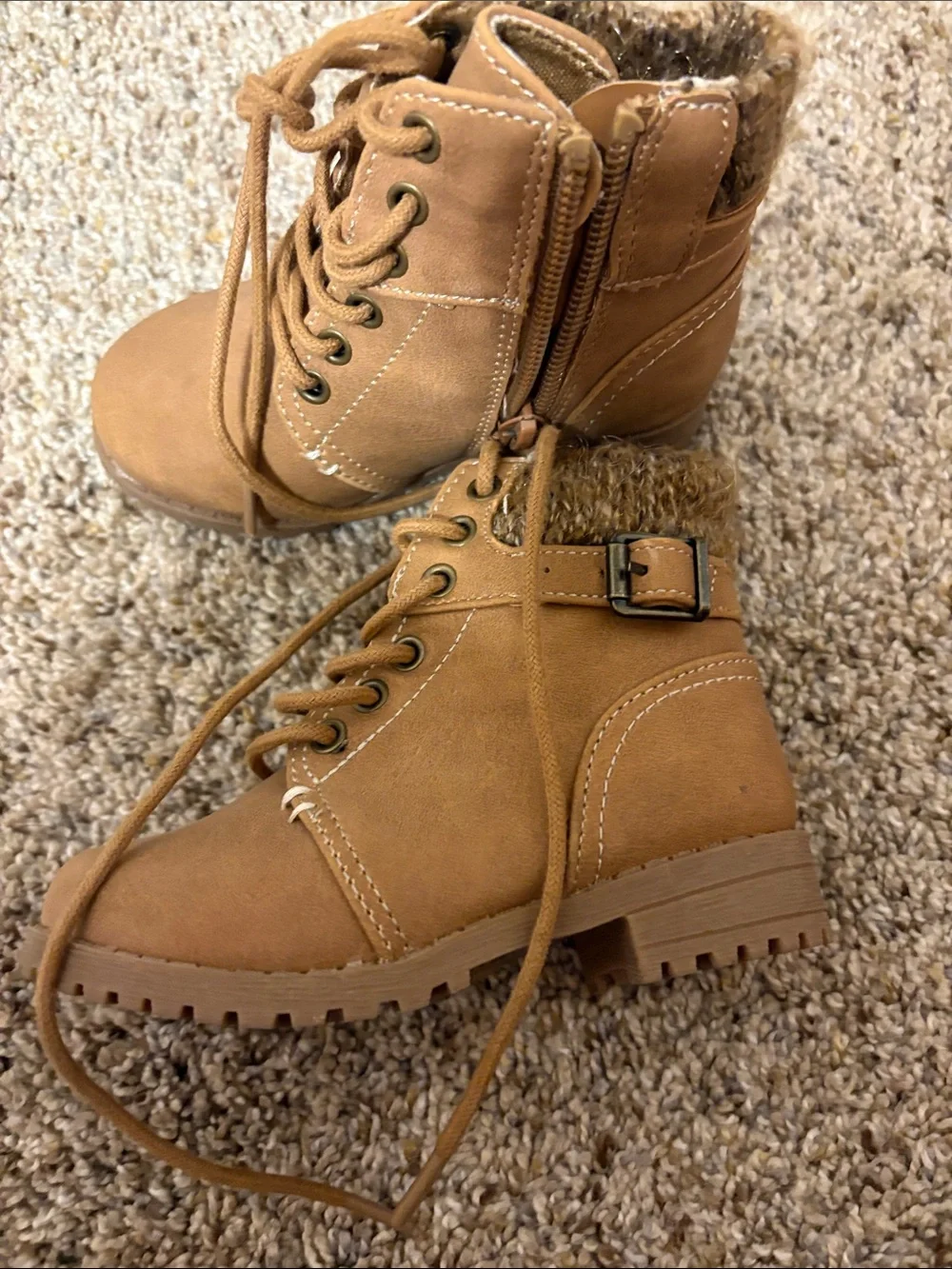 Kids Tan Lace-Up Faux-Fur Winter Boots